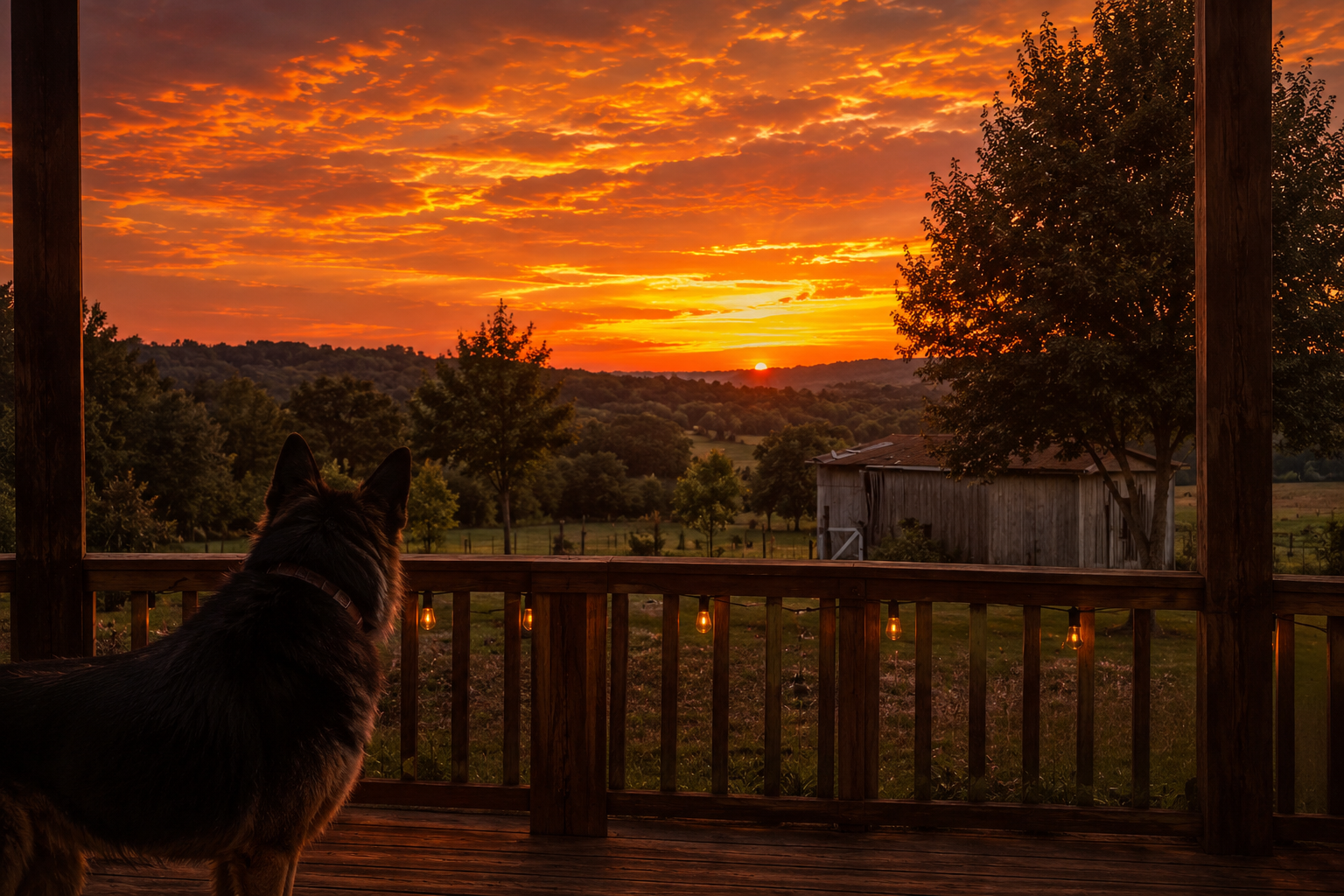 A German Shepherd on a Tennessee porch at sunset overlooking the hills